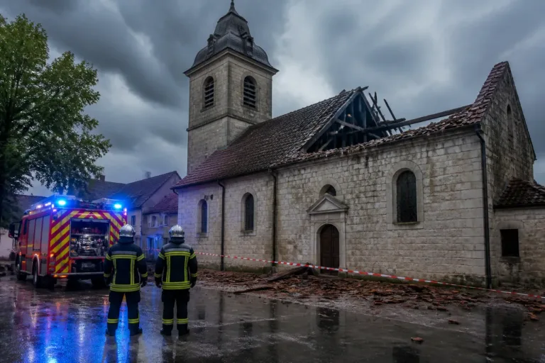 Montmorot: la foudre frappe l’église Saint‑Grégoire, toiture détruite et périmètre bouclé