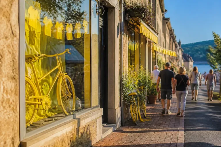 À Mouleydier, les vitrines se parent de jaune pour capter la lumière du Tour