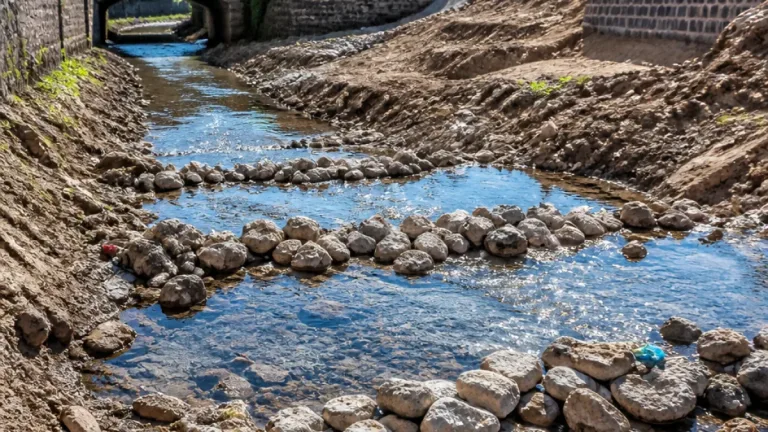 Des petits barrages en pierres perturbent le canal de dérivation de la Nièvre à Nevers