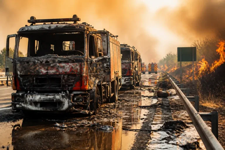 Deux camions des pompiers de Saône‑et‑Loire endommagés par les flammes après leur arrivée sur l’A9