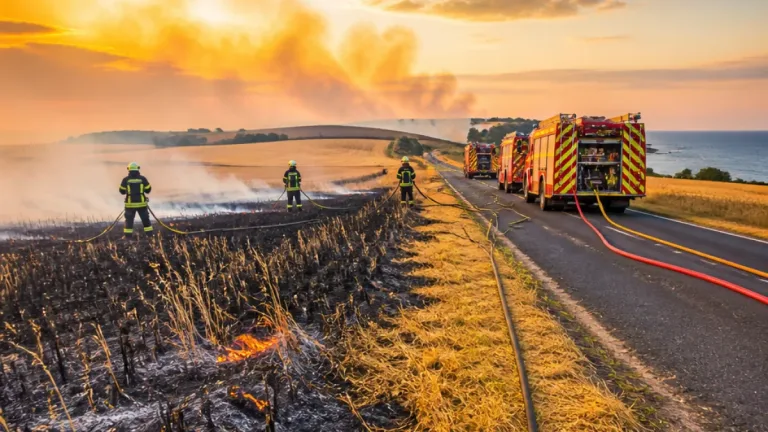 Dix hectares ravagés lors d’un feu de moisson à Néville, les pompiers toujours mobilisés