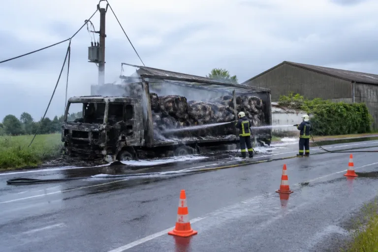 Feu de poids lourd à Néhou : RD900 fermée, perturbations possibles jusqu’à jeudi midi
