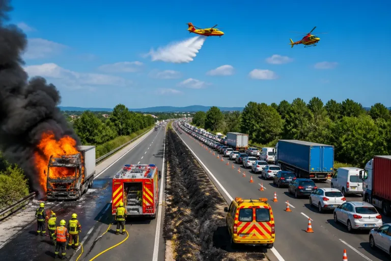 Feu de poids lourd sur l’A9 : circulation coupée près de Roquemaure, forts ralentissements vers Orange