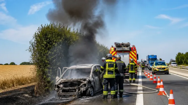 Incendie d’un véhicule sur l’A87 : circulation et champs menacés près de La Roche-sur-Yon