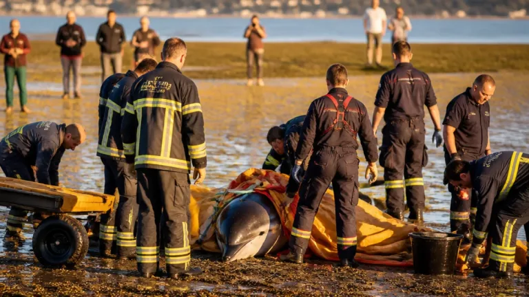 Loctudy : un dauphin sauvé par les pompiers après un échouage dans la vasière