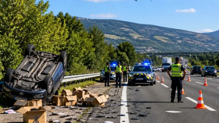 Quatre interpellations après un véhicule retourné et des cartons de téléphones sur l'A43
