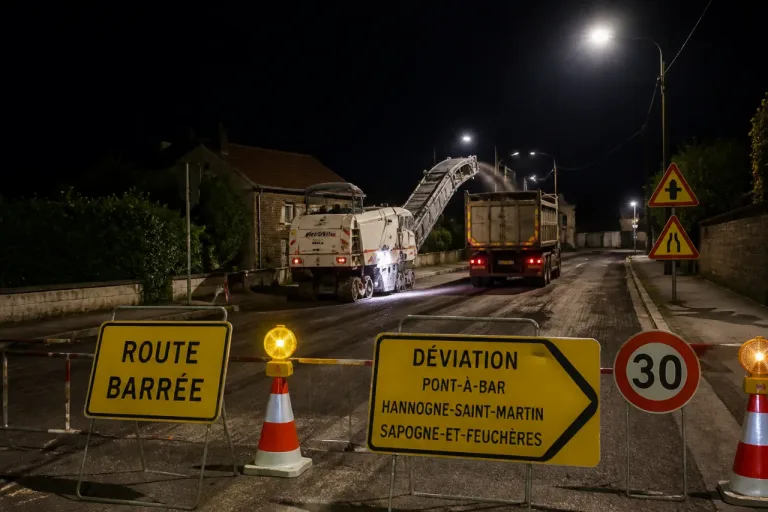 RD764 fermée la nuit à Dom-le-Mesnil: déviations et calendrier des travaux