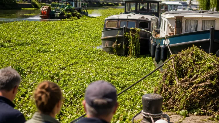 Rennes : la Vilaine envahie par des plantes aquatiques, les péniches témoignent d'une situation inédite