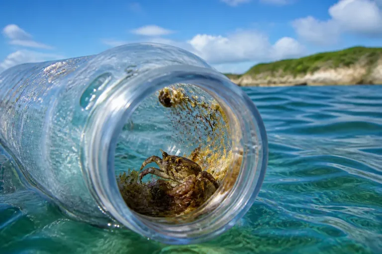 Un crabe devenu prisonnier d'une bouteille en plastique révèle un piège écologique