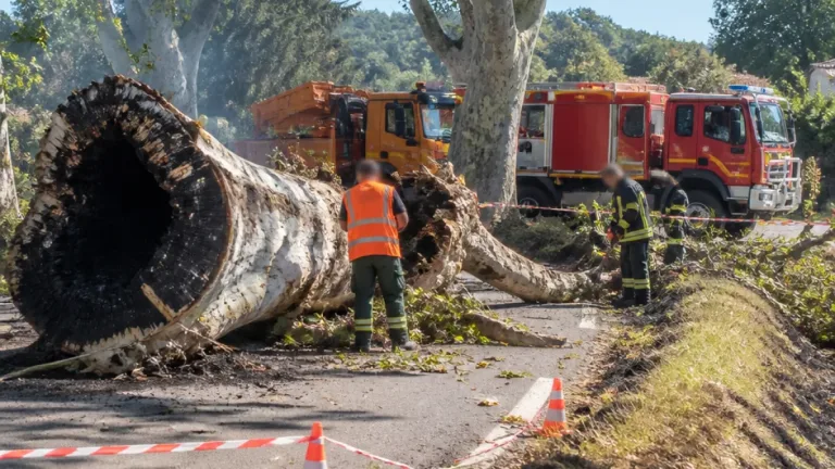 Un arbre consumé de l'intérieur bloque la RD à l'entrée de Raissac-d'Aude après un départ de feu