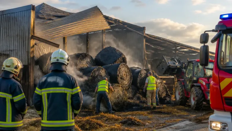 Un hangar agricole partiellement détruit à Bouniagues : le feu fixé mais les ballots continuent de brûler