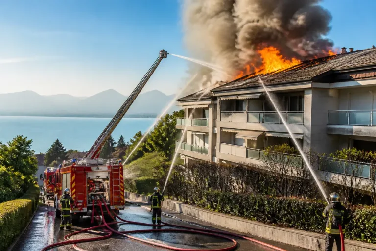 Veyrier-du-Lac : important feu d’habitation, toiture en proie aux flammes et vent défavorable